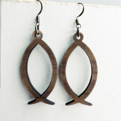 Ichthys ’Jesus Fish’ Wood Drop Earrings - 1.75 inch - Natural Wood Drop Earrings