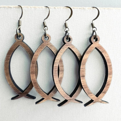 Ichthys ’Jesus Fish’ Wood Drop Earrings - Natural Wood Drop Earrings