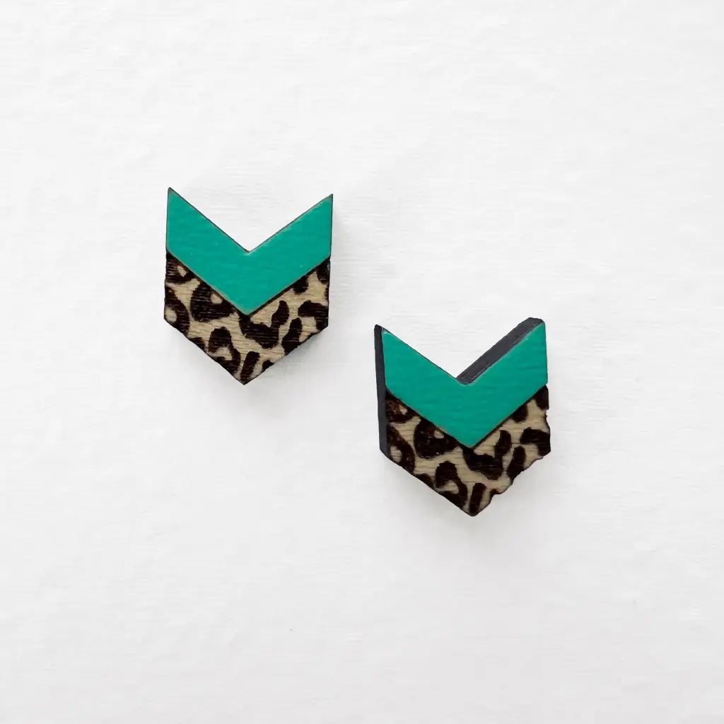 Leopard Chevron Wood Stud Earrings - 10.5MM x 12.5MM / Aquamarine - Painted Wood Stud Earrings
