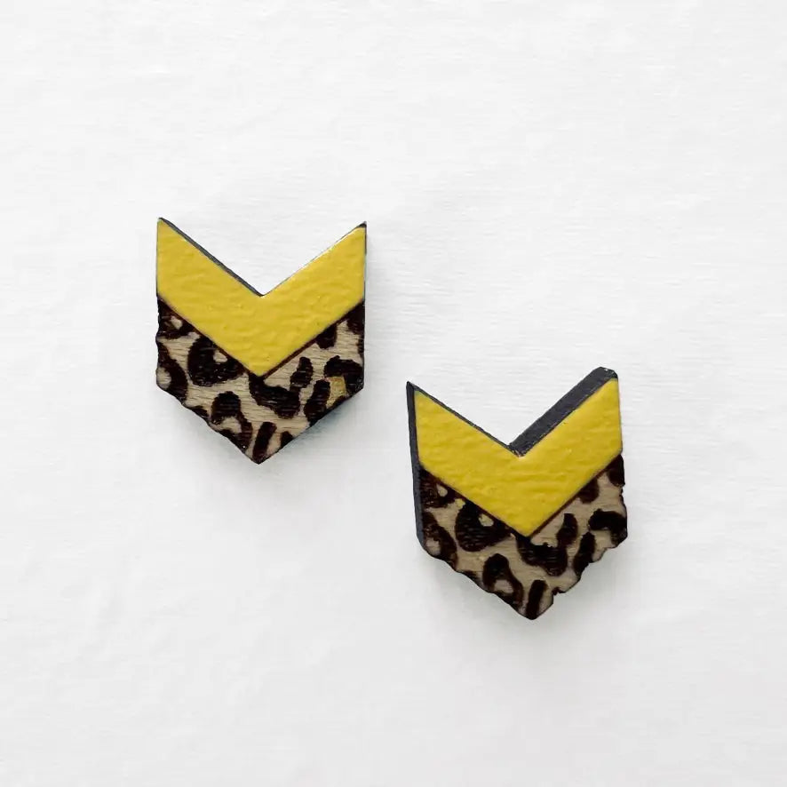 Leopard Chevron Wood Stud Earrings - 10.5MM x 12.5MM / Austin City Limits Yellow - Painted Wood Stud Earrings