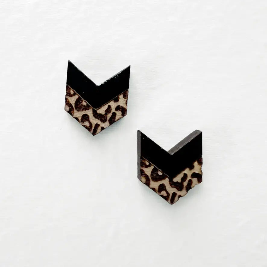 Leopard Chevron Wood Stud Earrings - 10.5MM x 12.5MM / Black - Painted Wood Stud Earrings