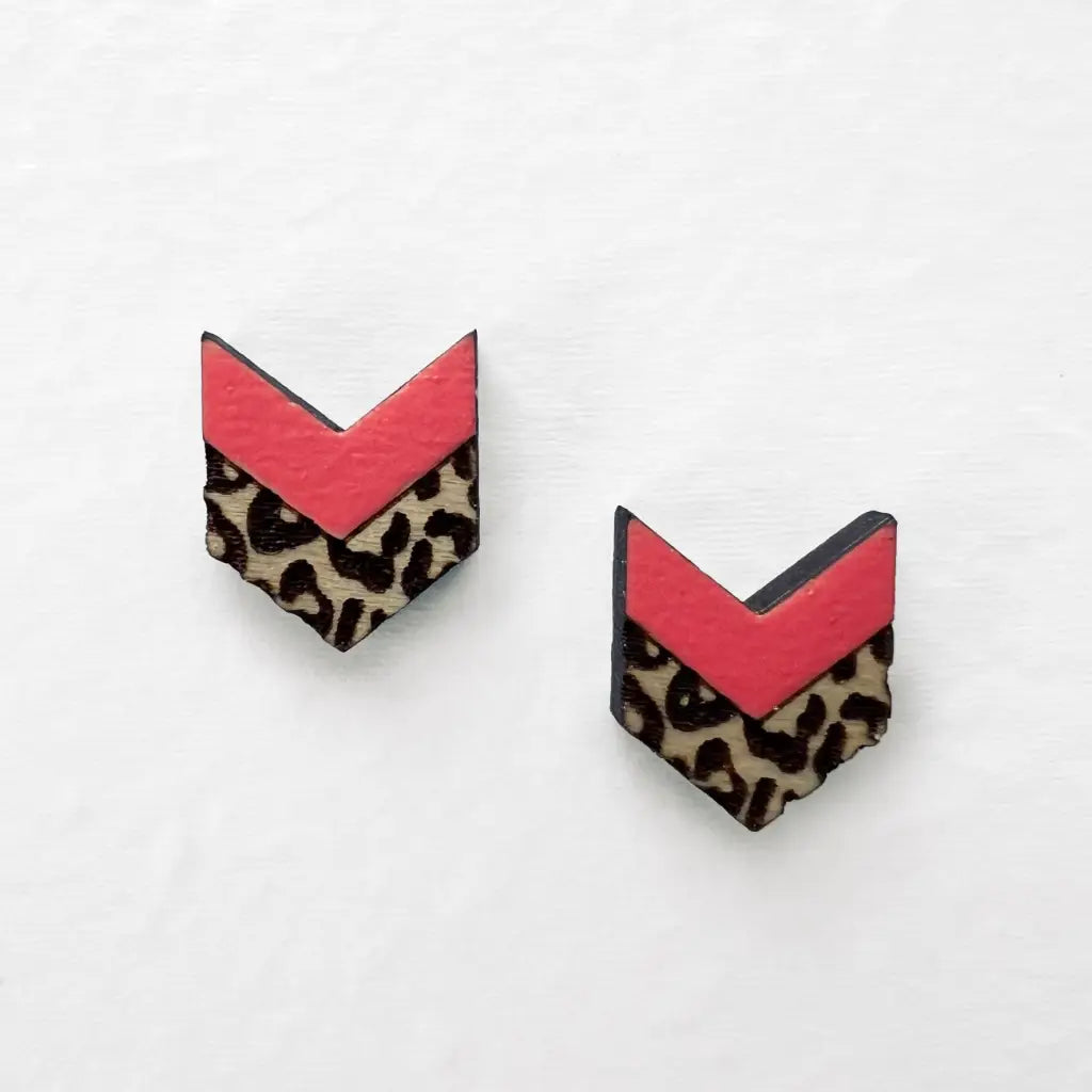 Leopard Chevron Wood Stud Earrings - 10.5MM x 12.5MM / Coral Canyon - Painted Wood Stud Earrings