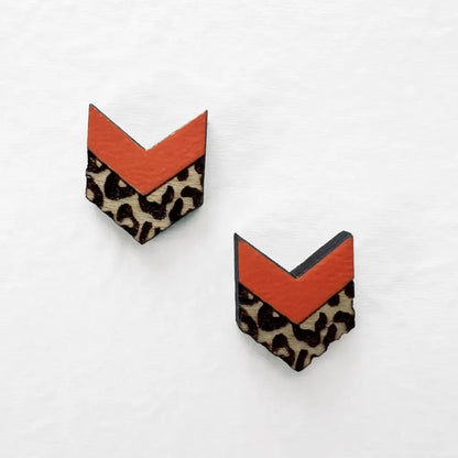 Leopard Chevron Wood Stud Earrings - 10.5MM x 12.5MM / Desert Melon Coral - Painted Wood Stud Earrings