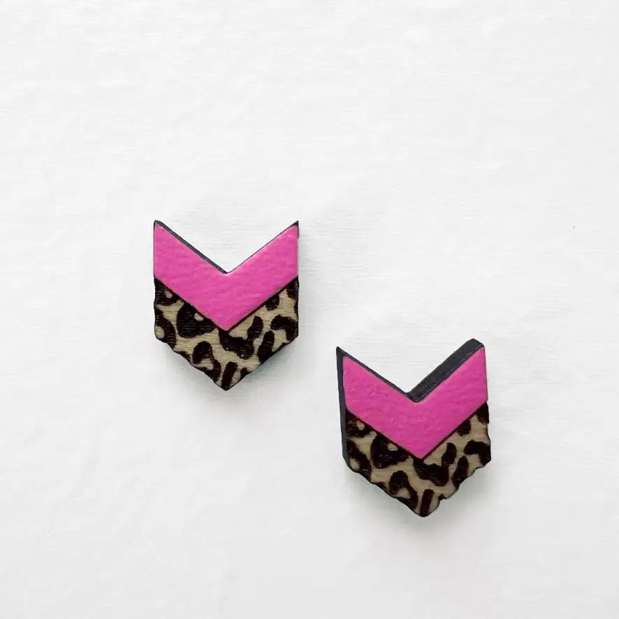 Leopard Chevron Wood Stud Earrings - 10.5MM x 12.5MM / Malibu Pink - Painted Wood Stud Earrings