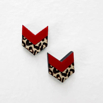 Leopard Chevron Wood Stud Earrings - 10.5MM x 12.5MM / Red - Painted Wood Stud Earrings