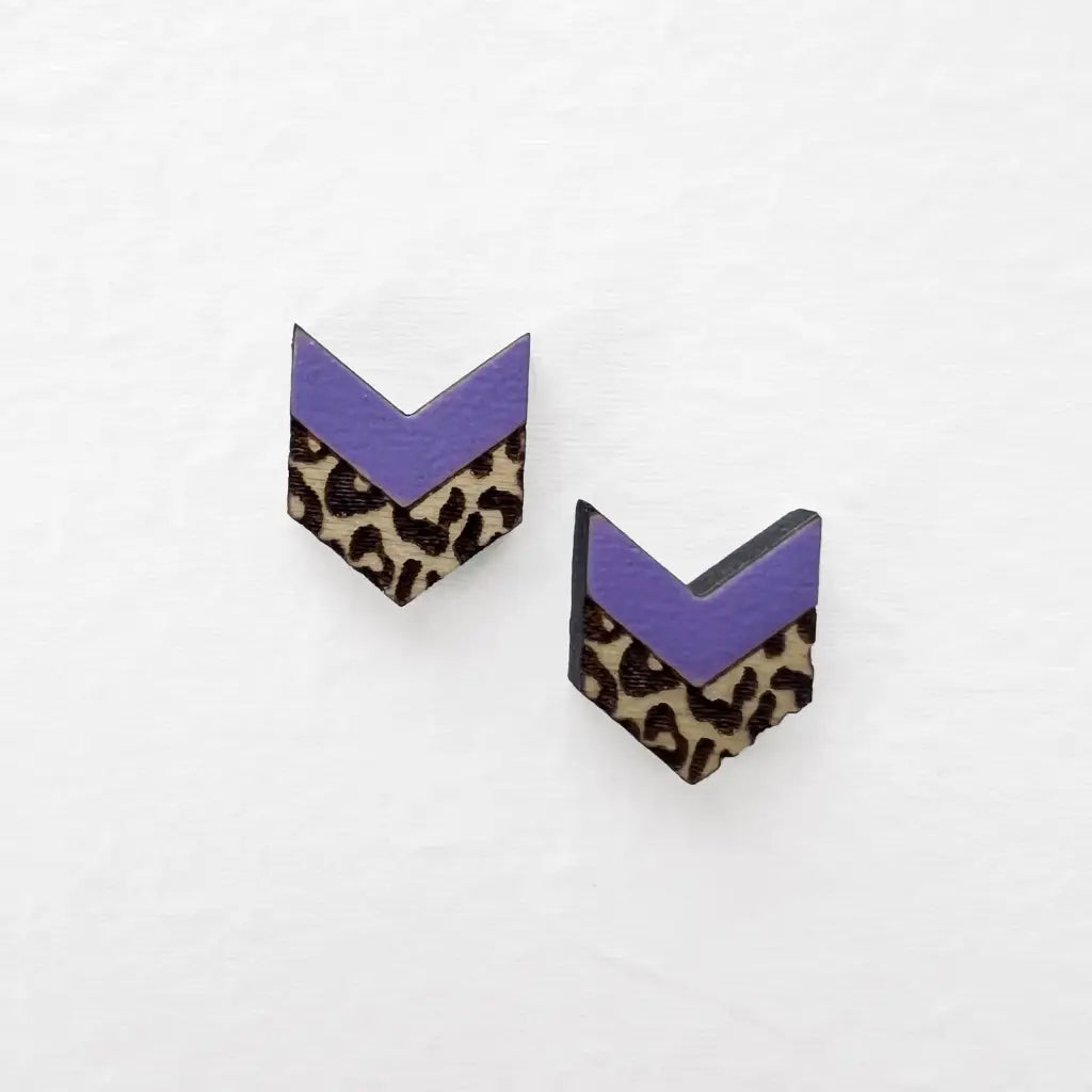 Leopard Chevron Wood Stud Earrings - 10.5MM x 12.5MM / Wild Lavender - Painted Wood Stud Earrings