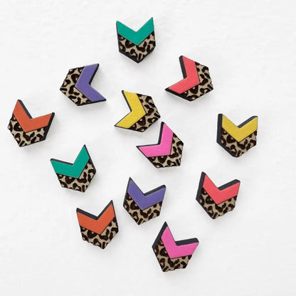 Leopard Chevron Wood Stud Earrings - Add a bold statement with leopard chevron stud earrings. Hand-painted, laser-cut wood design with vibrant accents. Lightweight and perfect for everyday wear.