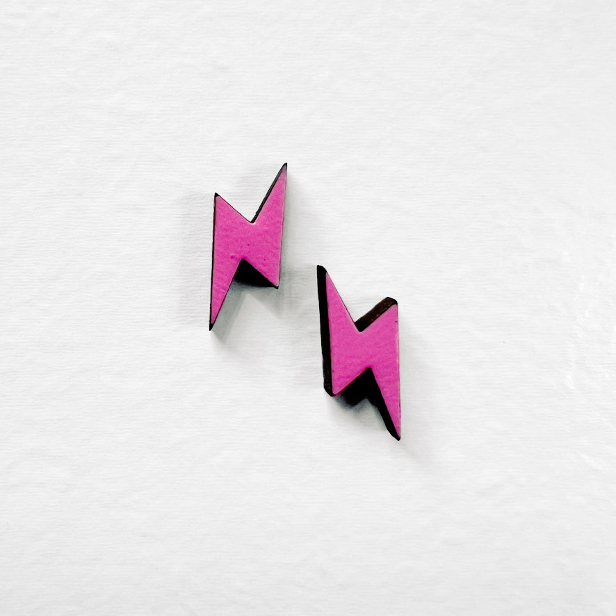 Lightening Bolt Wood Stud Earrings - Malibu Pink / Lightening Bolt 1 10.5 x 17.5 mm - Painted Wood Stud Earrings