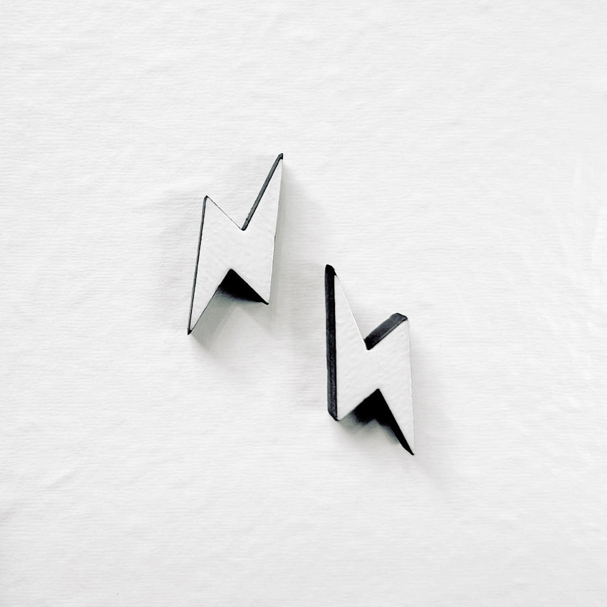 Lightening Bolt Wood Stud Earrings - White / Lightening Bolt 1 10.5 x 17.5 mm - Painted Wood Stud Earrings