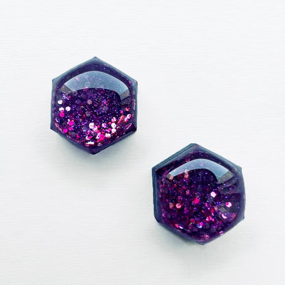 Magenta Glitterati Wood Stud Earrings - 06MM / Hexagon - Resin Wood Stud Earrings