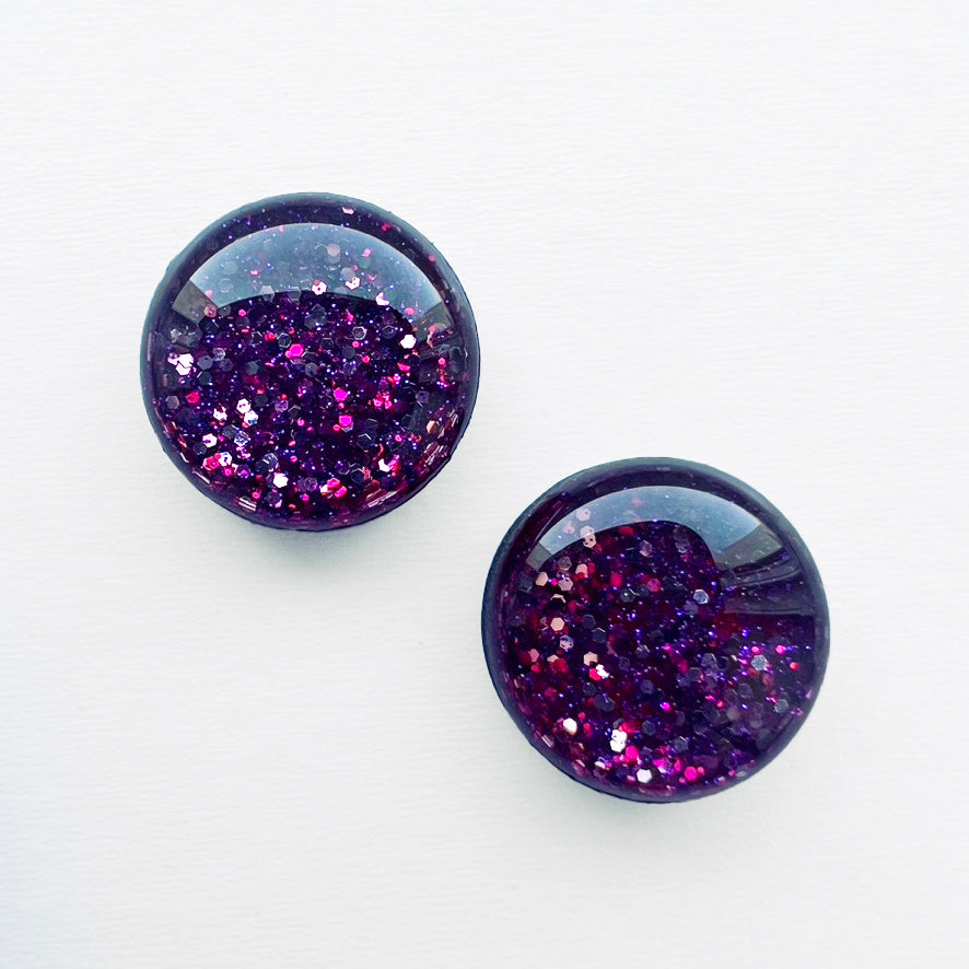 Magenta Glitterati Wood Stud Earrings - 6.5MM / Circle - Resin Wood Stud Earrings