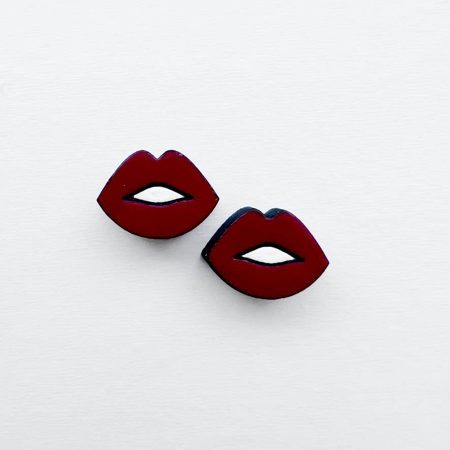 Minimalist Lips Wood Stud Earrings - Painted Wood Stud Earrings