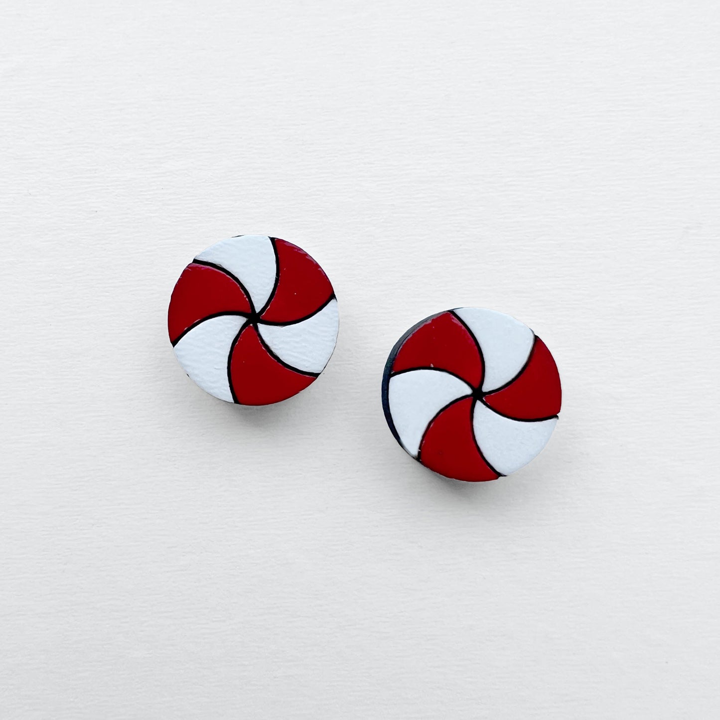 Peppermint Candy Wood Stud Earrings - 08mm - Painted Wood Stud Earrings