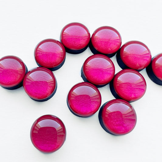 Pearly circle magenta wood earring studs. Hypoallergenic with titanium posts. Resin finish