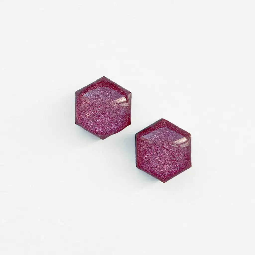 Rose Quartz Wood Stud Earrings - 06MM / Hexagon - Resin Wood Stud Earrings