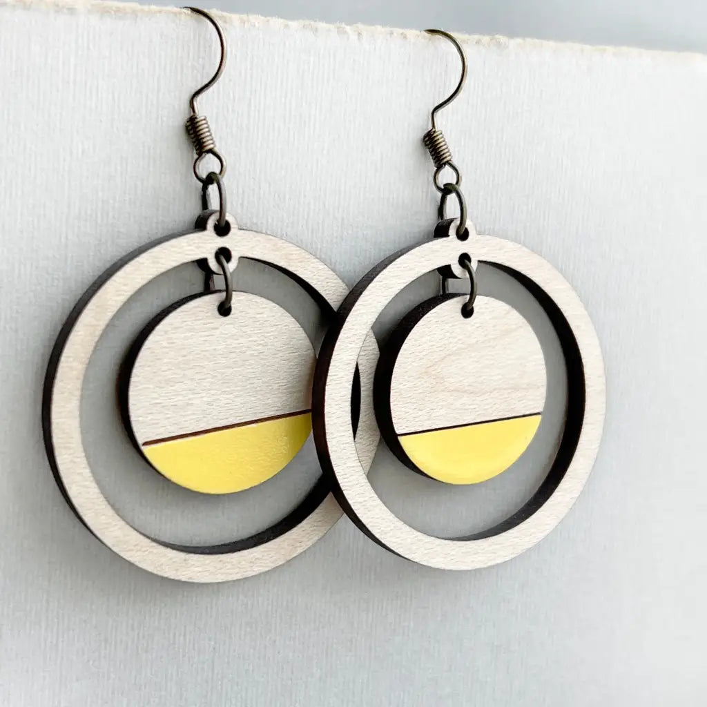 Sandra Wood Drop Earrings - Austin City Limits Yellow + Maple - Painted Wood Drop Earrings