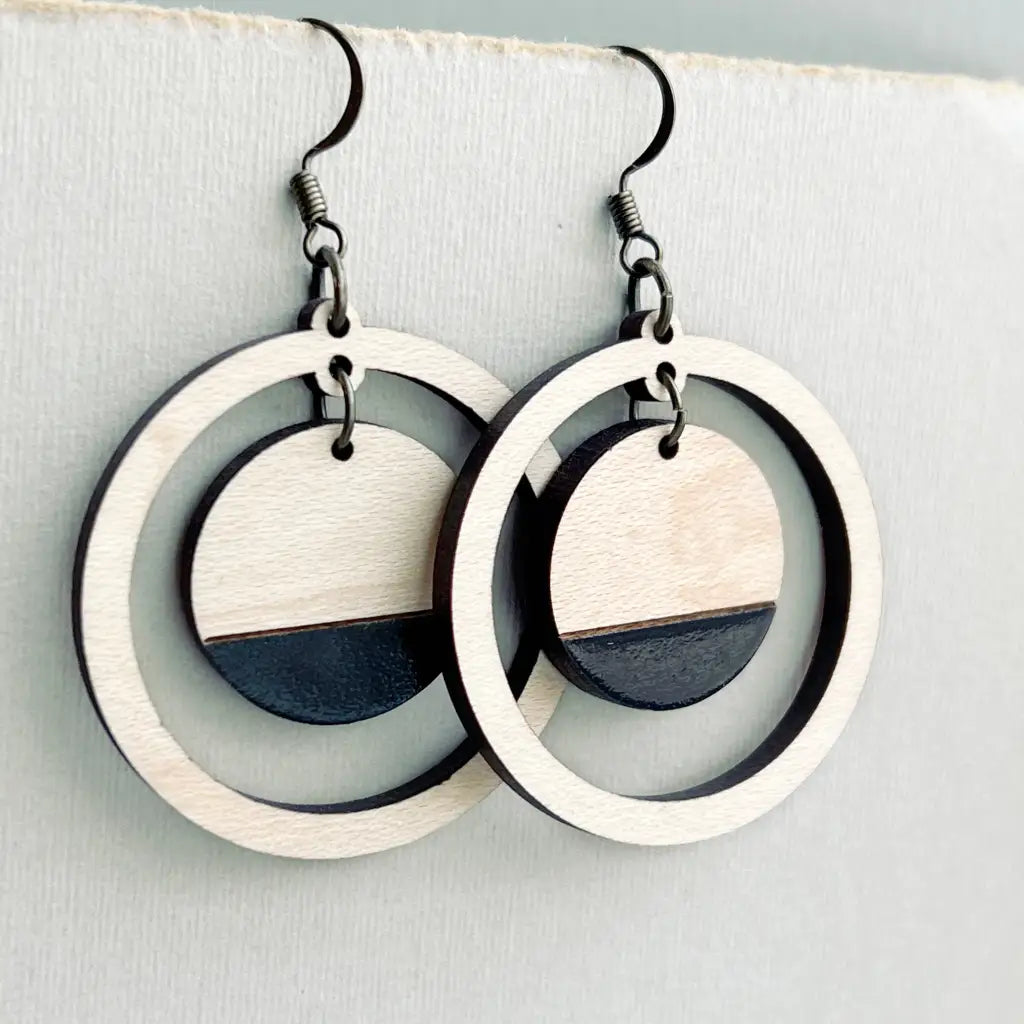 Sandra Wood Drop Earrings - Black + Maple - Painted Wood Drop Earrings
