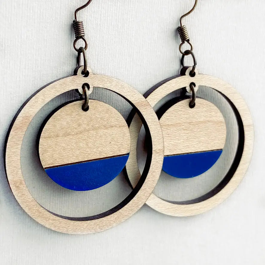 Sandra Wood Drop Earrings - Howl at the Moon Blue + Maple - Painted Wood Drop Earrings