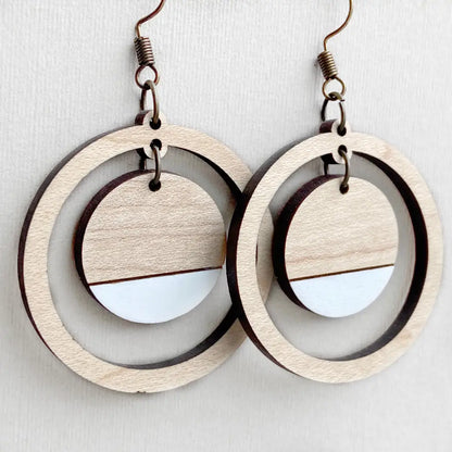 Sandra Wood Drop Earrings - White + Maple - Painted Wood Drop Earrings