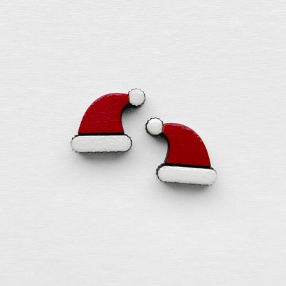 Santa Hat Wood Stud Earrings #1 - 10 x 8.5mm - Painted Wood Stud Earrings