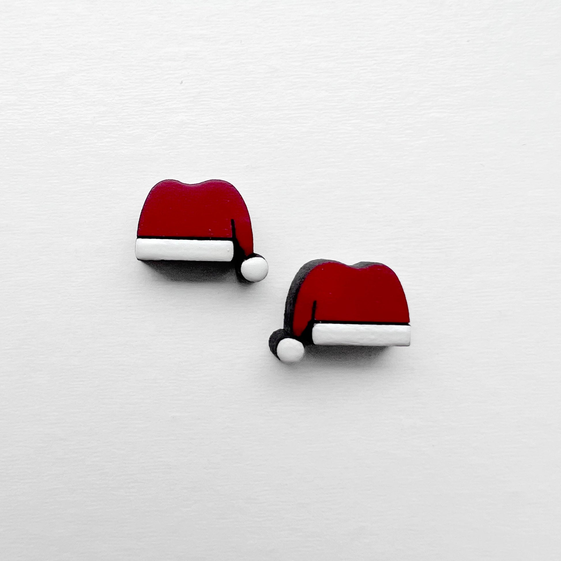 Santa Hat Wood Stud Earrings #2 - 11.5 x 9mm - Painted Wood Stud Earrings