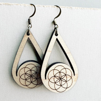 Seed of Life Wood Drop Earrings - 1.5 Inch - Natural Wood Drop Earrings