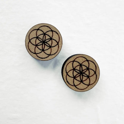 Seed of Life Wood Stud Earrings - 10MM - Natural Wood Stud Earrings