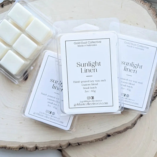 Sunlight Linen Natural Soy Wax Melt - Note Profile: Citrus + Floral + Fresh + Bright Marigold, Orchid, Citrus, Cedar, Vetiver. Hand-poured in Lincoln, Nebraska