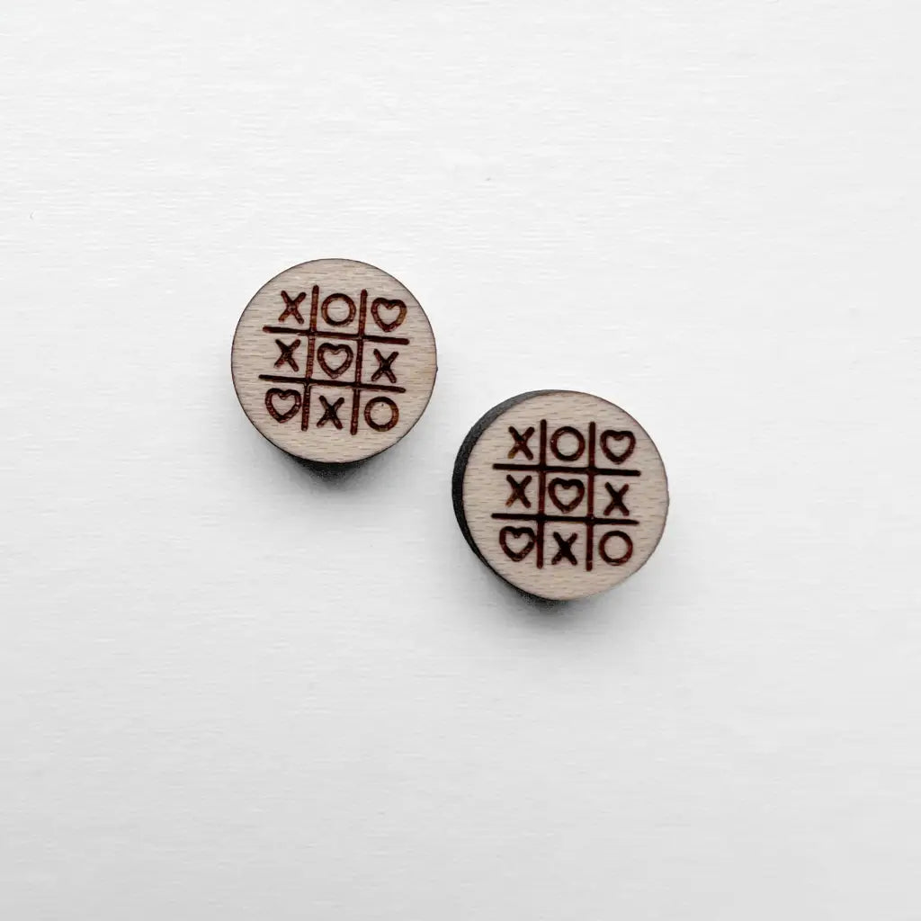 Valentine Tic Tac Toe Wood Stud Earrings - Natural Wood Stud Earrings