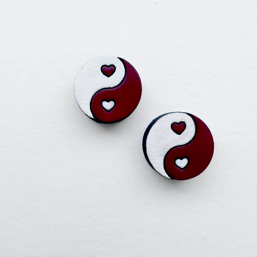 Valentine Yin Yang Wood Studs - 10MM - Painted Wood Stud Earrings