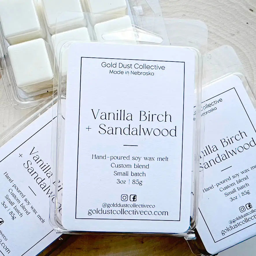 Vanilla Birch + Sandalwood Natural Soy Wax Melt - Note Profile: Aromatic + Woody Birch, Vanilla, Sandalwood, Leather
