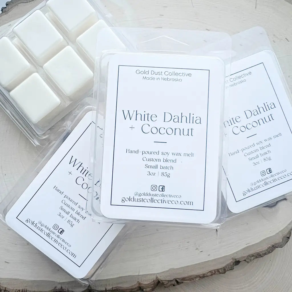 White Dahlia + Coconut Natual Soy Wax Melt - Note Profile: Floral + Fruity Lemon, Ginger, Dahlia, Coconut, Sandalwood, Amber - Spring and Summer scent. Tropical.