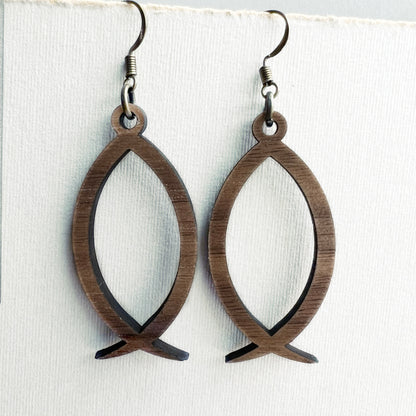 Ichthys, 'Jesus Fish' Wood Drop Earrings