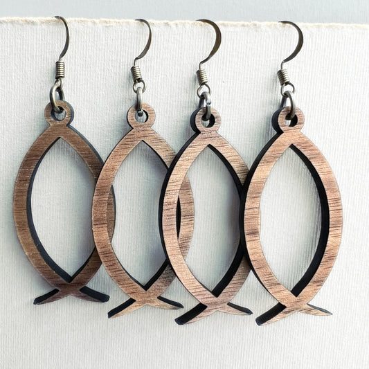 Ichthys, 'Jesus Fish' Wood Drop Earrings