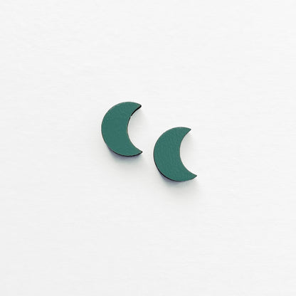 Handmade wood earring in the shape of a crescent moon. Hand painted. Hypoallergenic titanium posts. Turquoise Crescent Moon