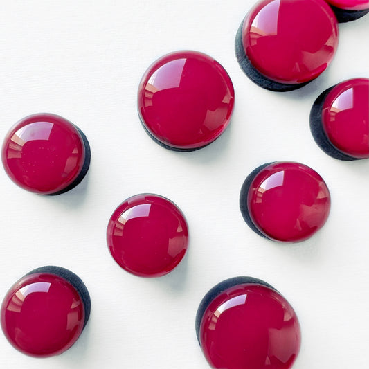 Handmade painted Magenta wood stud earrings with a resin finish. Hypoallergenic titanium posts. Geometric style circle