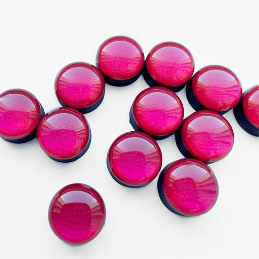 Pearly circle magenta wood earring studs. Hypoallergenic with titanium posts. Resin finish